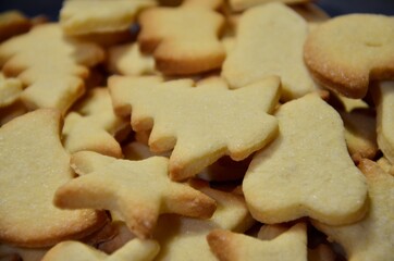 Traditional homemade German Christmas cookies background, butter biscuits, different shapes, closeup
