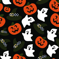   Bright festive pattern halloween hat ghost pumpkin on black background