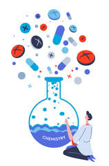 Pharmaceutical industry manufacturing pills and capsules, chemistry lessons