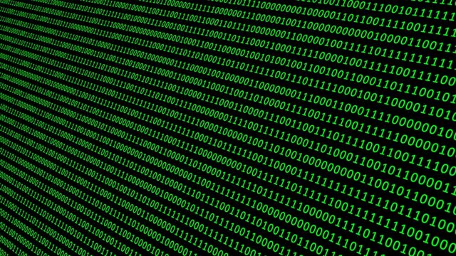Binary code matrix background with digits moving on screen. Algorithm binary, data code, decryption and encoding, row matrix seamless loop abstract background.