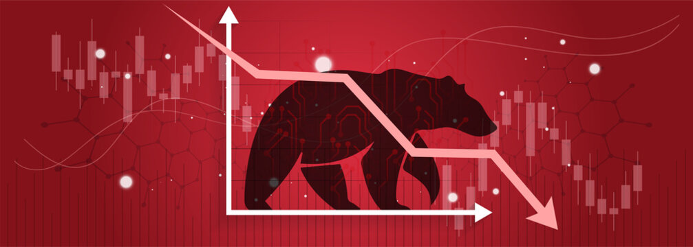 Bear Or Bearish Market Trend In Crypto Currency Or Stocks. Trade Exchange Background, Down Arrow Graph For Decrease In Rates. Cryptocurrency Price Chart & Blockchain Technology. Global Economy Crash.