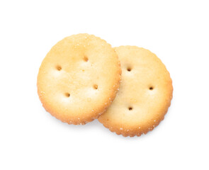 Crispy crackers isolated on white, top view. Delicious snack