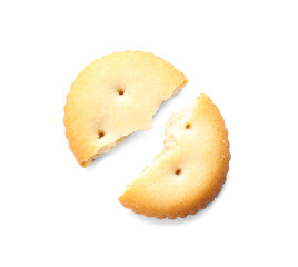 Broken delicious crispy cracker isolated on white, top view