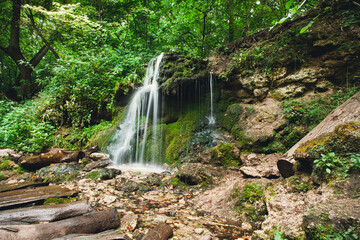 Waterfall in the summer forest. Eco trail in Pushchino on the Oka. Moscow region
