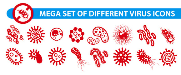 Mega set of different  types virus icons. (Corona virus -2019-nCoV).  Vector viruses, microbes, pathogens, bacteria and germs red symbols isolated on white background. - obrazy, fototapety, plakaty