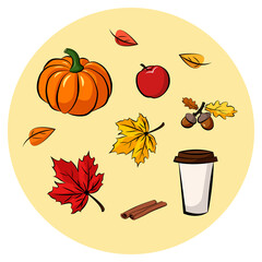 Autumn set of cartoon style fall icons. Pumpkin, red and yellow tree leaves of maple. Coffee in paper cup. Apple. Acorns. Cinnamon