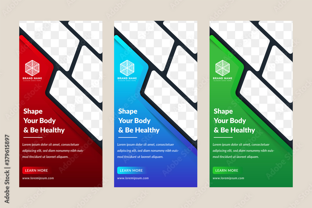 Poster set of vertical banner design template use gradient color. the colors used are red, green and blue. 