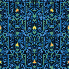 Bohemian seamless ornament with hamsa or hand of Fatima.Ornate vector wallpaper, decorative vector art.