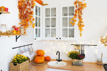 autumn pumpkin in the kitchen on wood table