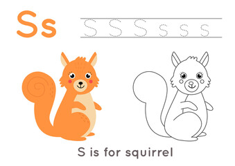 Coloring page with letter S and cute cartoon squirrel.