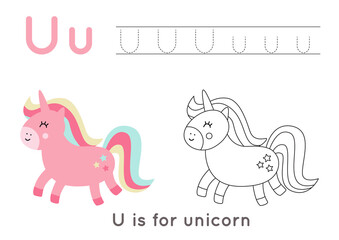 Coloring and tracing page with letter U and cute cartoon unicorn.