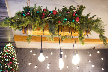 Group of Christmas lamps with interesting shape of tungsten filament, holiday decorations, cinnamon...