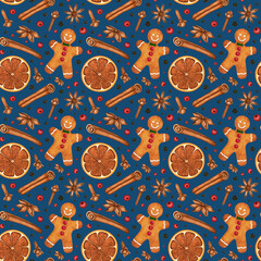 Christmas watercolor seamless pattern. Gingerbread, hot mulled wine spices: dried orange slice, clove buds, anise star, cinnamon stick. Hand drawn background for print, textile, wrapping paper, card
