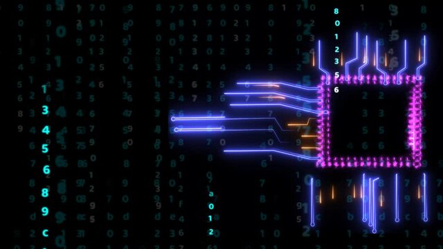 Futuristic digital intelligent chip data processing technology full power and energy cell moving around and numeric matrix background