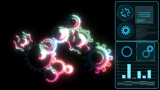 Futuristic digital thermodynamic gear nano technology graphic infinity powerful energy and analysis graph monitor on right frame