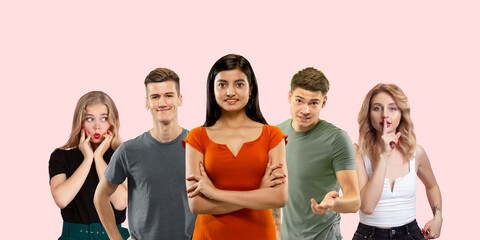 Group portrait of emotional people on coral pink studio background. Flyer, collage made of 5 models. Concept of human emotions, facial expression, sales, ad. Whispering secrets, asking, confident.