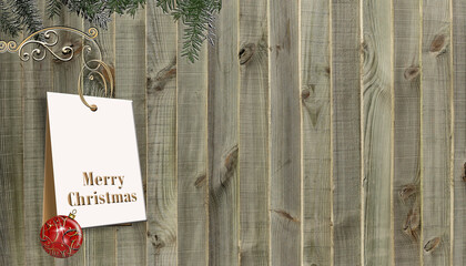 Christmas card with festive tag over wooden background
