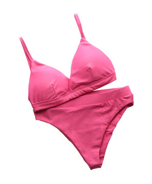 Beautiful pink bikini isolated on white, top view
