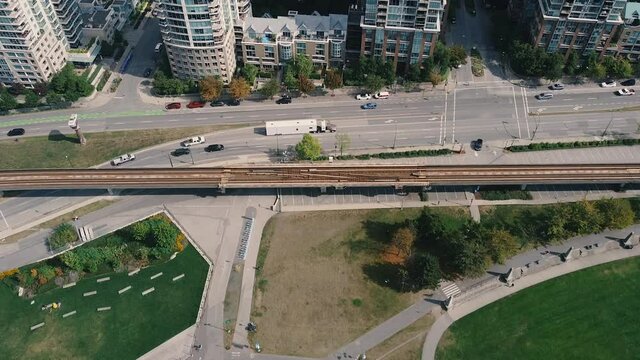 Drone shot of highway in Vancouver with cars and truck passing