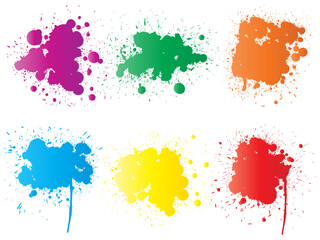 Vector collection of artistic grungy paint drop, hand made creative splash or splatter stroke set isolated white background. Abstract grunge dirty stains group, education or graphic art decoration