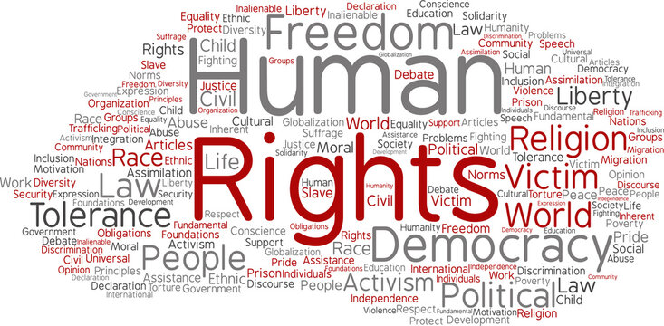 Vector concept or conceptual human rights political freedom, democracy abstract word cloud isolated background. Collage of humanity world tolerance, law principles, people justice discrimination text