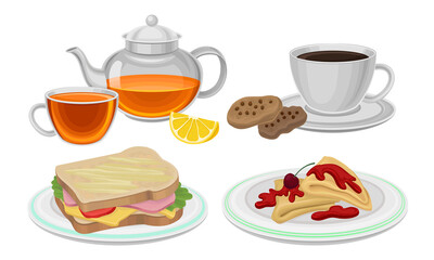 Breakfast with Sandwich, Crepe and Hot Drink in Cup and Kettle Vector Set