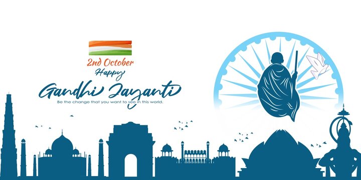 Vector illustration of Gandhi Jayanti, Mahatma Gandhi, national holiday of India, 2nd October, india flag, indian monuments silhouette, banner with english text.