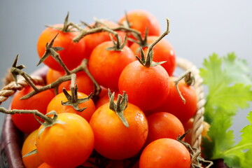Ripe red cherry tomatoes close-up. Cherry tomatoes in a wicker basket on a gray background.
