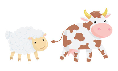 Sheep and Cow with Horns as Farm Animals Vector Set