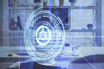 Multi exposure of desktop computer and technology theme hologram. Concept of software development.