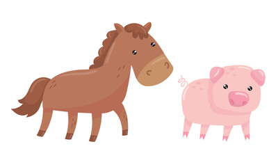 Horse with Mane and Pig as Farm Animal Vector Set