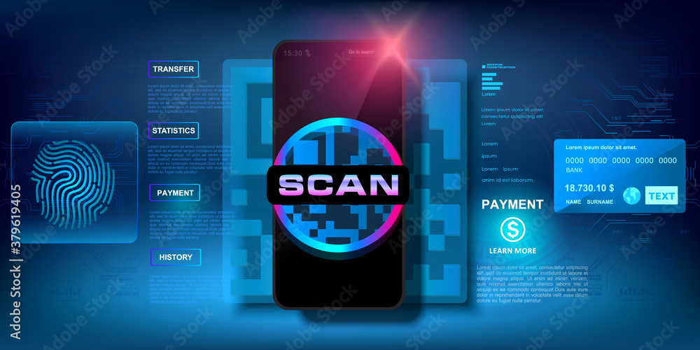 Poster black mobile phone with qr code scanner on the screen. qr code reading by mobile phone. online payme