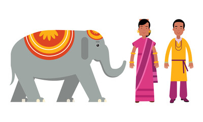 Man and Woman Dressed in Traditional Indian Clothing and Elephant Vector Set