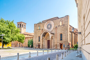 The fa&ccedil;ade of the church of San Francesco, dating to the late 13th century, built in Romanesque style and surmounted by a large rose window, in Lodi, Lombardy, northern Italy.