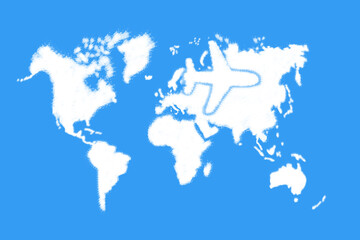 plane and map world cloud shape on blue sky
