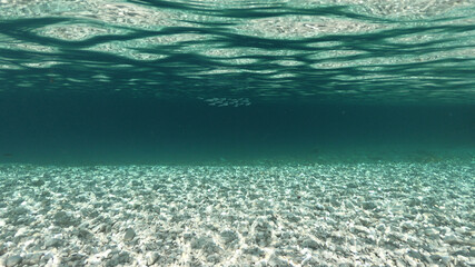 Sea level and underwater photo of beautiful pebble beach of Krovoulia near picturesque village of Frikes, Ithaki island, Ionian, Greece