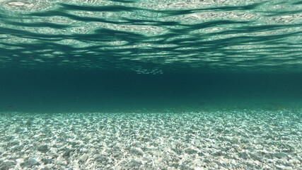 Sea level and underwater photo of beautiful pebble beach of Krovoulia near picturesque village of Frikes, Ithaki island, Ionian, Greece