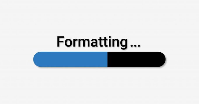 Format progress bar computer screen animation loop isolated on white background with blue progress indicator formatting in 4K