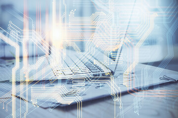 Multi exposure of table with computer and world map hologram. International data network concept.