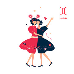 Sign of the zodiac Gemini. Young stylish girl on holiday, new year party. Illustration in flat cartoon style. Isolated on white background. 
