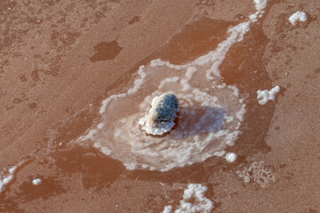 Close up of salt evaporation pools with lye