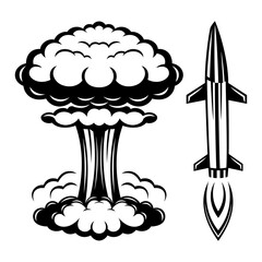 Round icon with nuclear explosion and flying rocket on white background.
