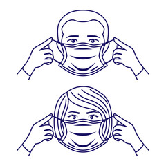 Icons with people wearing a protective mask on a white background.