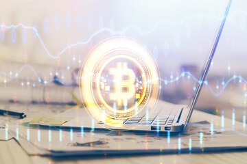 Double exposure of blockchain theme hologram and table with computer background. Concept of bitcoin...