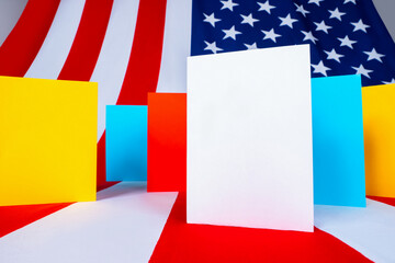 Multicolored cards on USA flag background. Multi-colored cards represent many choices. Concept - political pluralism in United States of America. Pluralism for voter. Many options for voter