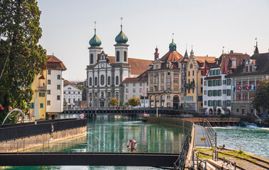 panoramic view of Lucerne with the Reuss river and the Jesuit church in the background