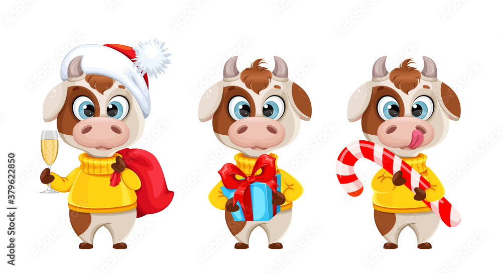 Poster Cute bull cartoon character. Chinese New Year 2021