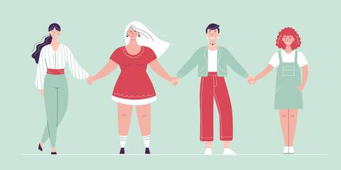 Different women stand in a row and hold hands. Female solidarity concept, girl power, body positive. Flat vector female characters