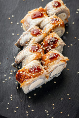  sushi with sesame seeds, close-up. Japan food