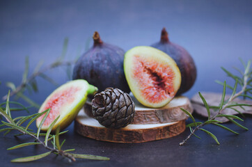 fresh figs on a wooden table. Top view. Flat lay. 
